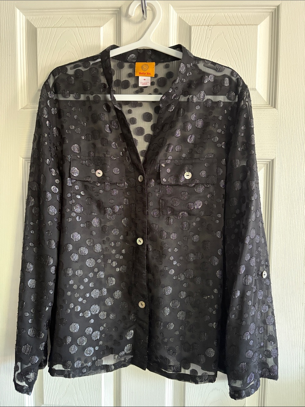 Ruby Rd. Black Sheer Dot-Pattern Button Down Shirt
